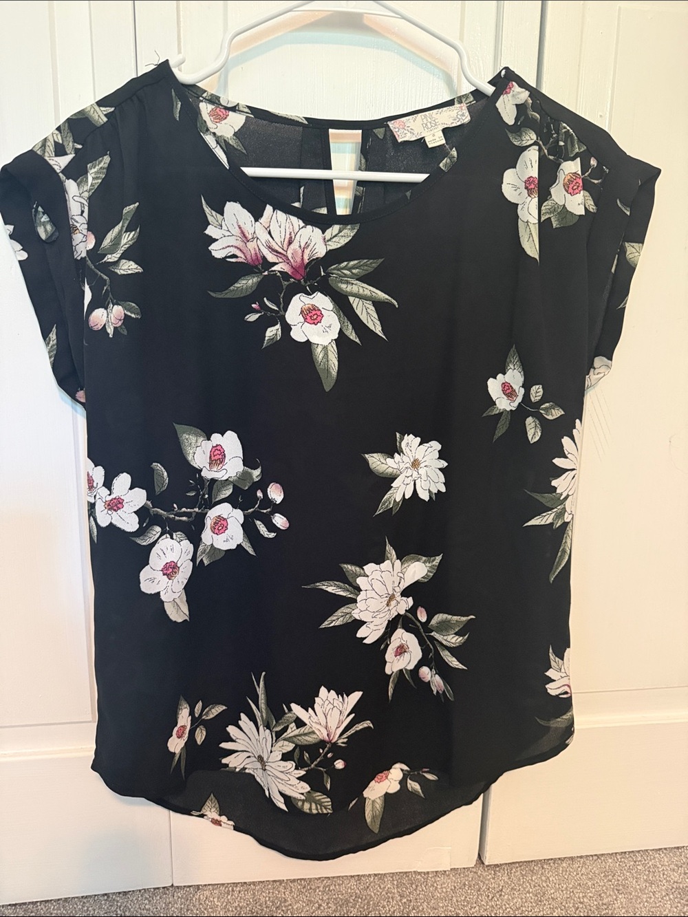 Pink Rose Black Floral Short-Sleeve Blouse with Pink Accents